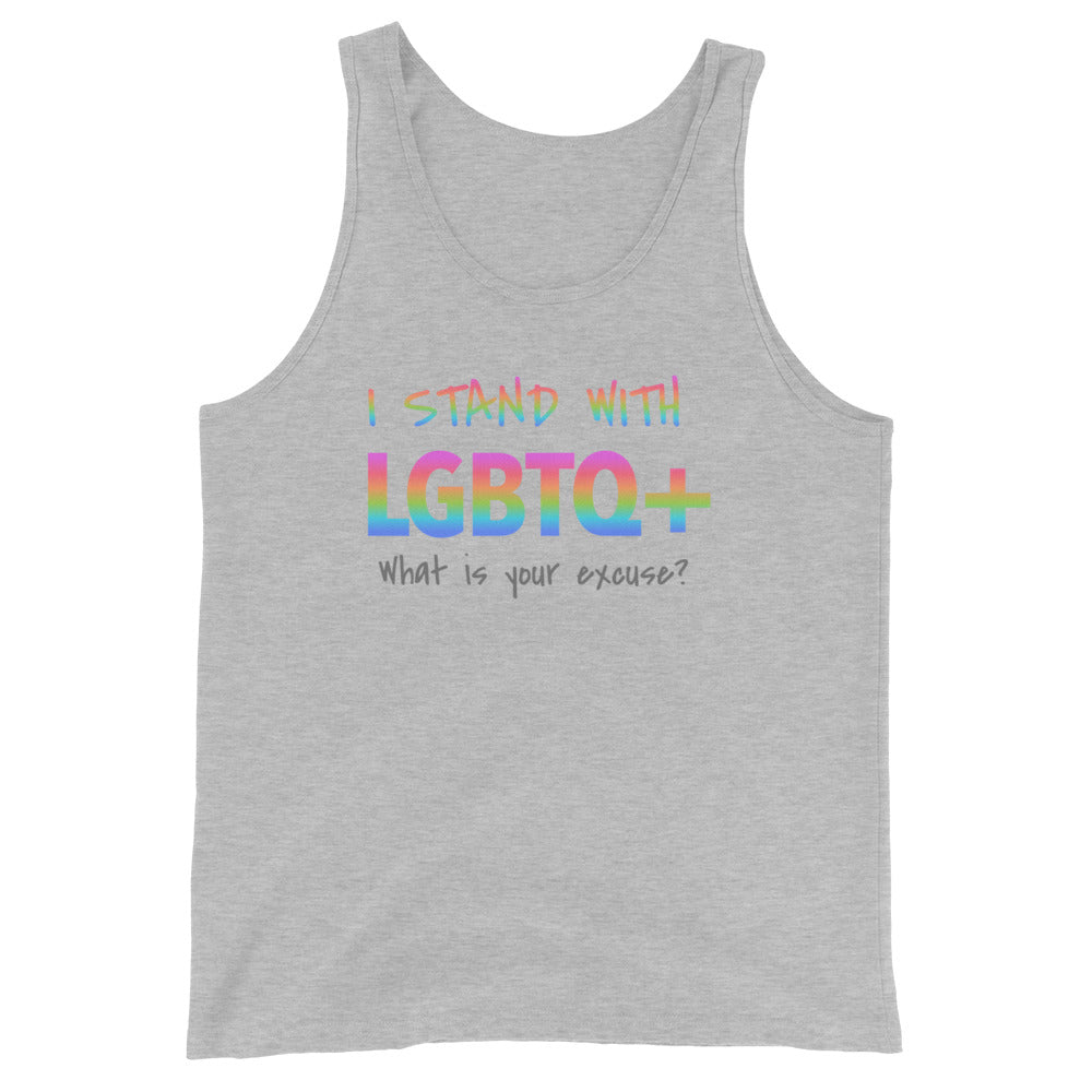 LGBTQ+ Men's Tank Top front view on white background, grey tank featuring a vibrant rainbow "I stand with LGBTQ+" in bold lettering with "what is your excuse?" below in grey.