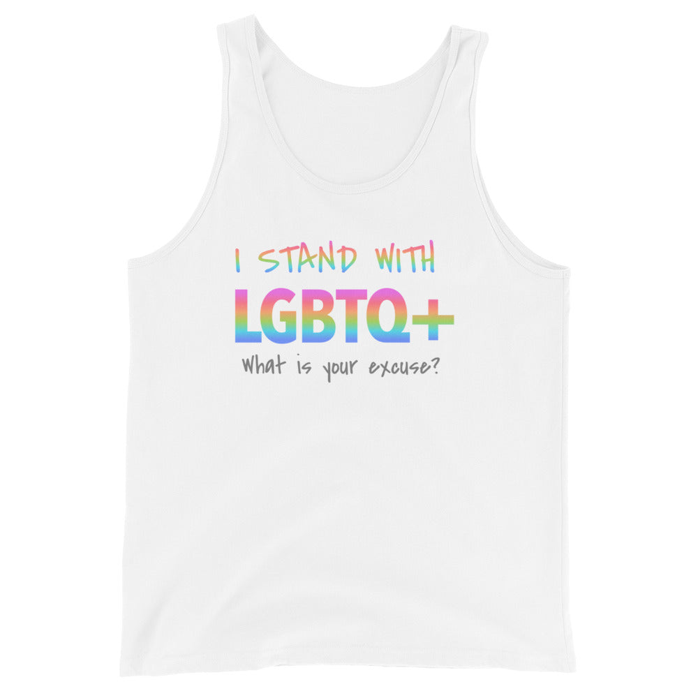 LGBTQ+ Men's Tank Top front view on white background, white tank featuring a vibrant rainbow "I stand with LGBTQ+" in bold lettering with "what is your excuse?" below in grey.