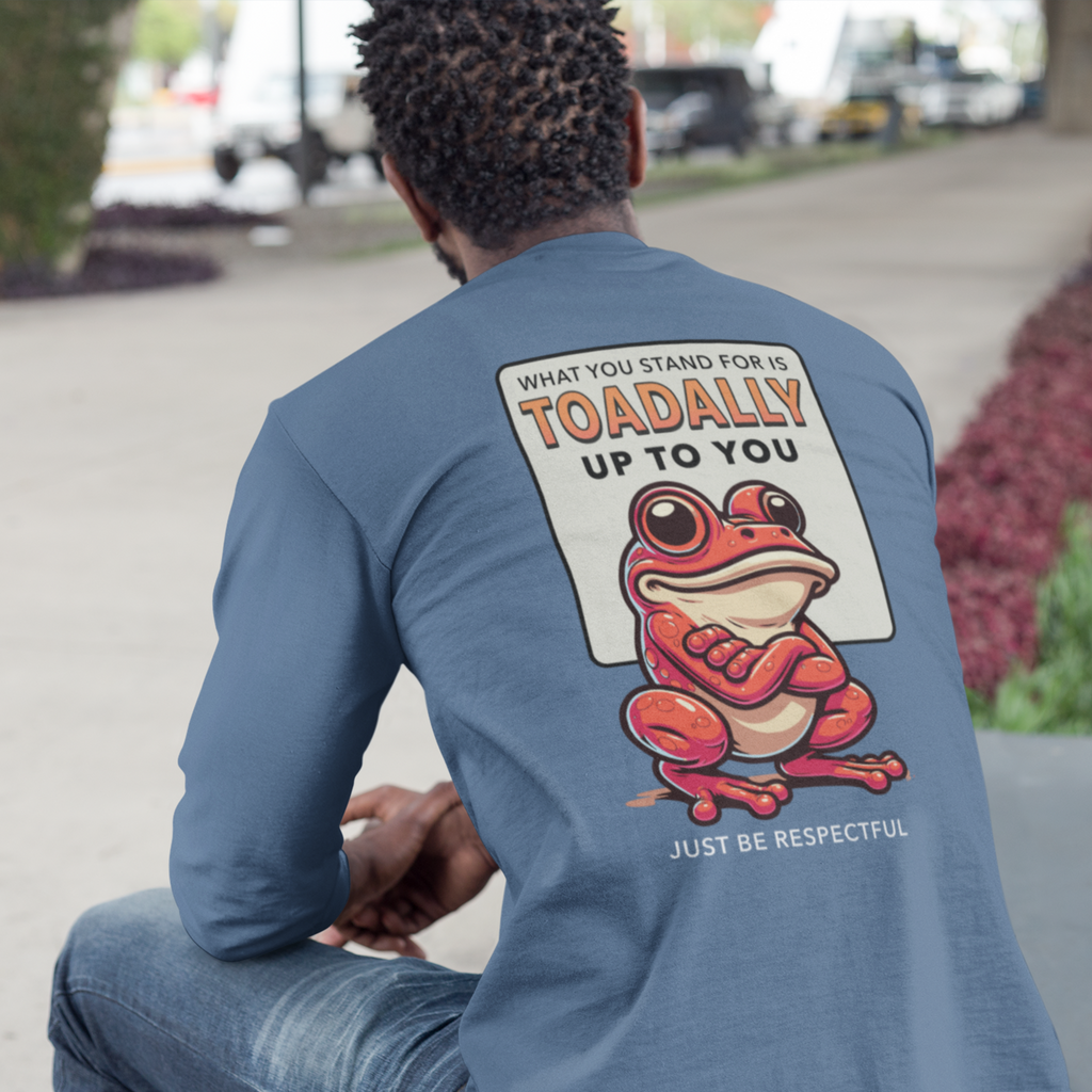 Person wearing a blue t-shirt with a frog graphic and text on the back.